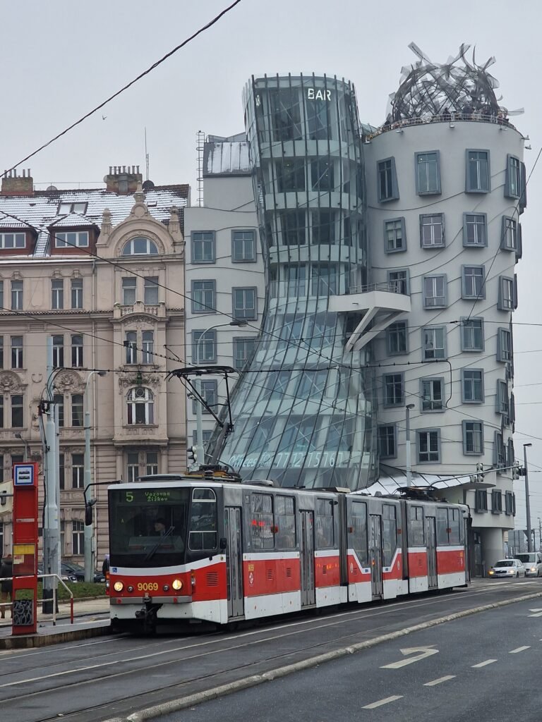Tram in a European city centre, illustrating flights & transportation booking for travel