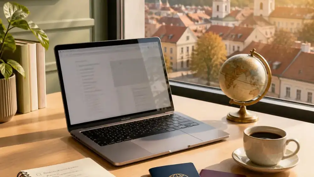 Consultancy desk with a laptop, passports and a globe by a window overlooking Vilnius rooftops