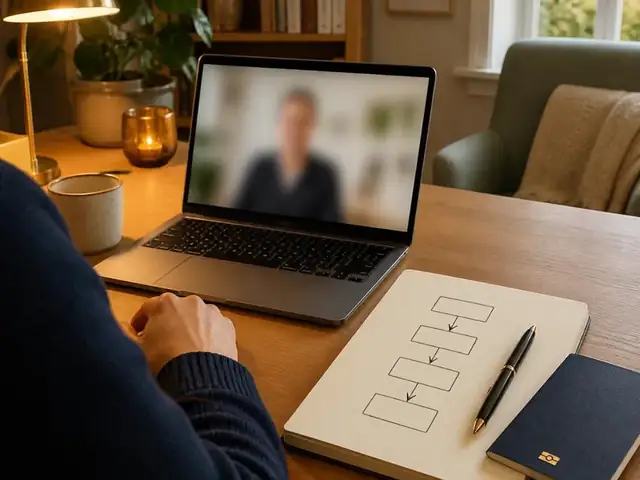 Online consultation on a laptop with a step-by-step plan and a passport on the desk
