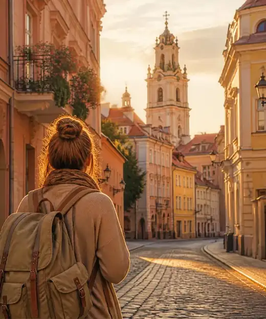 Traveller with a backpack on a cobbled street in Vilnius Old Town at golden hour
