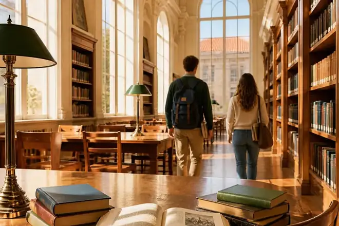 Students walking through a bright university library in Europe