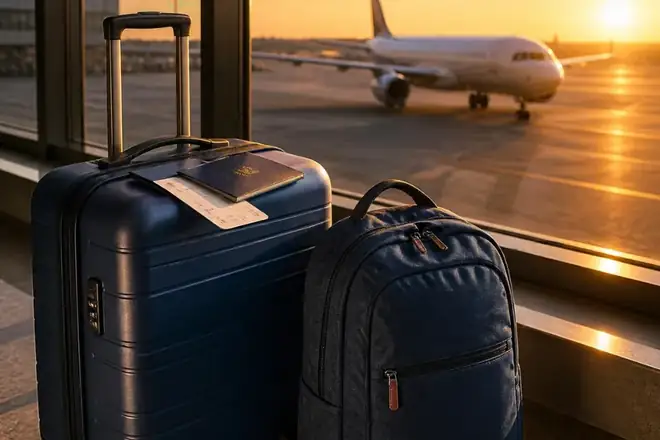 Suitcase and backpack by an airport window at sunrise, ready to travel abroad