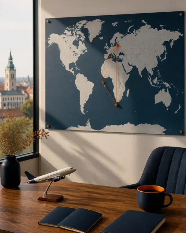 World map in our study abroad consultancy in Vilnius, with orange threads linking Africa to Lithuania