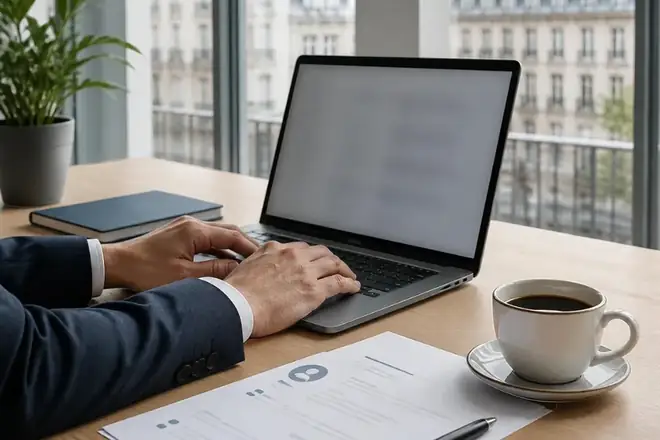 Professional preparing a CV on a laptop for a job abroad