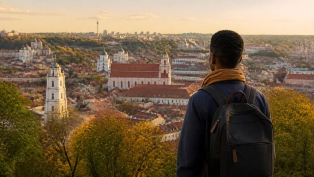 African student looking over Vilnius Old Town, thinking about whether to study in Lithuania